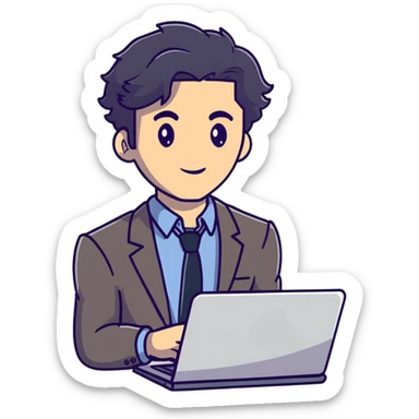 Business strategist man with black wavy hair, stubble, chiseled face, wearing blazer and button-up shirt, holding laptop, confident expression sticker