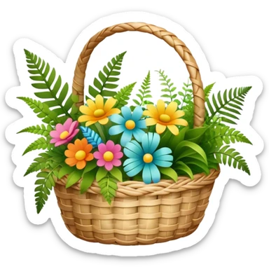 Icon for Floristry: a woven basket with flowers, reeds, ferns, bright ribbons and a small plush toy. The icon should represent creativity in flower arrangement and decorative design. Transparent background. sticker