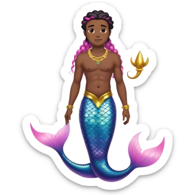full body black man mermaid with pink ombré tail, wearing gold jewellery and has black hair that is middle part braids that cover his forehead  sticker