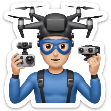 Super hero photographe, gopro sur la tête, masque fpv sur les yeux. Un drone à côté de lui. Il tiens un appareil photo reflex. sticker