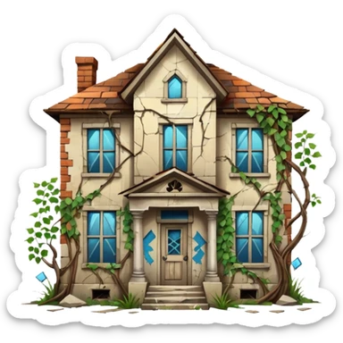 Abandoned house with boarded windows and broken glass and graffiti on it sticker