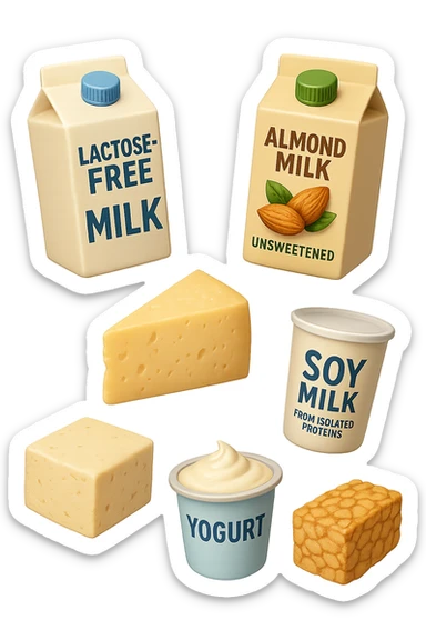 emoji stile iphone 3d di Latte e yogurt delattosati
Latte di mandorla (non zuccherato)
Latte di soia da proteine isolate
Formaggi stagionati (es. parmigiano)
Tofu compatto e tempeh
 che fluttuano in aria, iperealistico 4k sticker