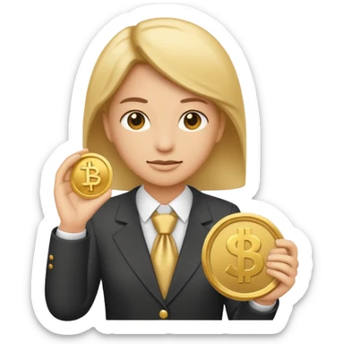 A minimalist emoji-style icon representing company pension plan: A gender-neutral office worker (🧑‍💼) with a coin and a bank symbol (🏦) in the background. sticker