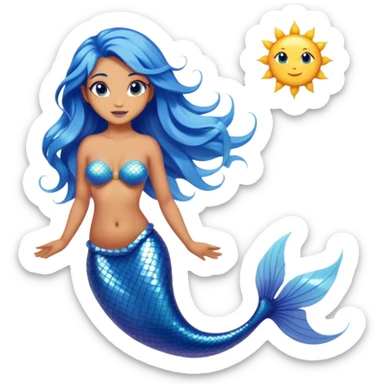 Cinematic Realistic Blue Hair Mermaid Portrait, depicted with lifelike, sun-kissed tanned skin that exudes a warm, radiant glow under gentle underwater lighting. Her intricately detailed, flowing blue hair cascades like a waterfall of ocean hues, framing deep, mesmerizing eyes that capture the vibrant spirit of the sea. Adorned with a shimmering tail and delicate tropical accents, the portrait features an enchanting underwater glow that blends realism with mythic coastal allure. sticker