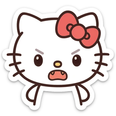 angry hello kitty, kawaii style, red bow, furrowed brows, tiny fangs showing sticker