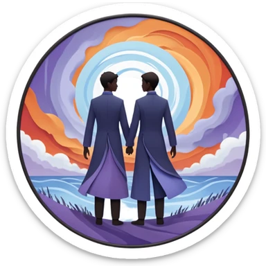 Center composition: Two silhouetted figures standing back-to-back or side-by-side in a circle of calm (soft blues, lavenders, white light)
Around them: Swirling storm energy—abstract shapes, wind lines, chaotic movement in reds, oranges, and dark grays sticker