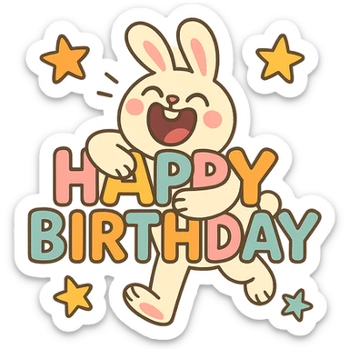 full-body laughing bunny hugging "Happy Birthday" letters with stars, pastel-toon style sticker