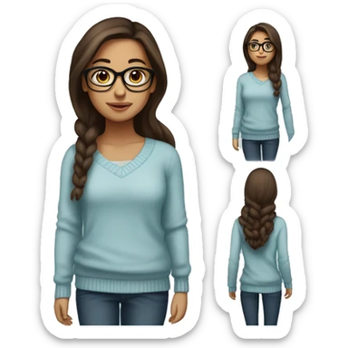 hispanic girl, long brown hair, brown eyes, full body, glasses, young, light blue winter sweater sticker