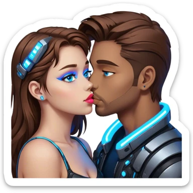 Neon cyberpunk style 
girl with brown hair and blue eyes kiss man sticker