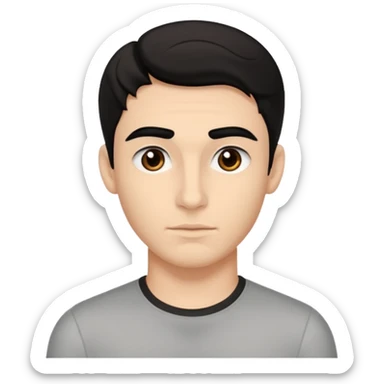 emoji a medio cuarpo, de un joven, con cejas gruesas, nariz medio grande, hombros anchos, sin sonrisa, hombros anchos, cabello medio ondulado con un corte juvenil, cabello negro. ojos negros. sticker