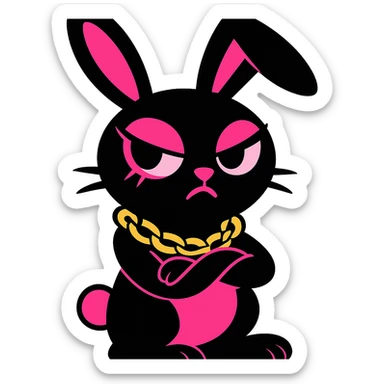 Replace the spiked collar with a chain necklace, keep gothic bunny, black and pink colors, vibrant toon style, no background. sticker