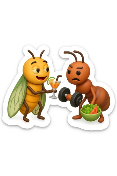 EMOJI STILE IPHONE 3D DI una cicala e una formica che parlano tra loro, la formica ha nella mano destra un manubrio da palestra e nella nella mano sinistra una bowl di insalata, la cicala invece ha un cocktail in mano, la cicala prende in giro la formica, non fare i fumetti però sticker