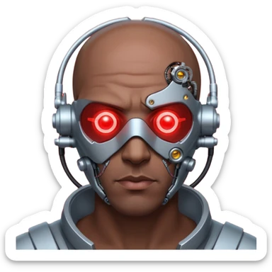 bald dark brown man, half of his face covered in cyborg upgrades such as red laser sticker