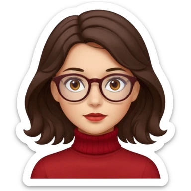 A girl has fair skin wavy dark brown hair, has glasses and almond brown eyes wears red turtle neck has long hair and so pretty sticker