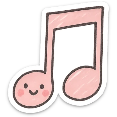 Create a soft and cute music icon in Japanese hand-drawn style with pink color. Match the design and line style of the provided phone icon reference. The icon should have a transparent background and be suitable for a mobile home screen. sticker