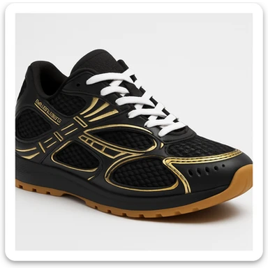 Recreate the Bottega Veneta Orbit sneaker in black with gold accents, exact design, shown in a 3D turned perspective (not flat 2D), similar to the reference image, realistic, clean background. The style should be realistic and 3D as in the reference images. sticker