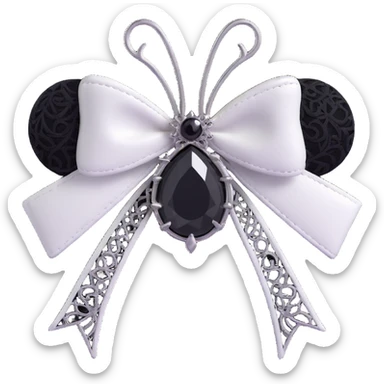 3D emoji gothic bow, white leather, silver spider brooch, black lace overlay, single black teardrop gem sticker