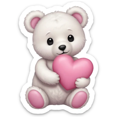 white teddy bear with pink bow hugging pink heart sticker