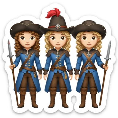 Three female musketeers ome with brown curly hair, one with blond one with blond in pony tail sticker
