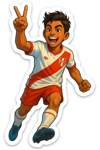 young Peruvian soccer player making a victory gesture, digital illustration style sticker