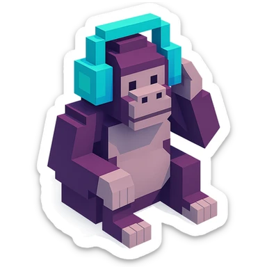 voxel style gorilla sitting and listening to music with headphones, isometric view sticker