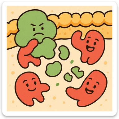 A realistic really detailed of enzymes (red) breaking down starch (green) near a cell membrane (yellow). Macro photography style. No labels. sticker