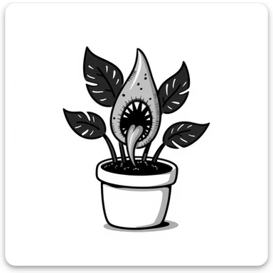 Audrey II, the carnivorous carnivorous plant from Little Shop of Horrors, hand-drawn black outline doodle style sticker