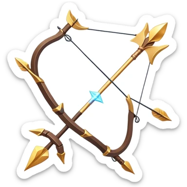 Clash of Clans aesthetic: Cinematic Playful 3D Isometric Bow & Arrows Emoji, rendered in a 3D vector-style similar to standard emojis with minimal shading and bold, simplified shapes. A compact, distinct form with signature details, softly glowing with a fantasy RPG magic charm. Simplified yet unmistakably iconic, highly detailed and consistent, glowing with a soft radiance and high shine. Stylized with a touch of heroic grandeur and a soft glowing outline, capturing the essence of a beloved gaming relic with a friendly, playful manner! sticker