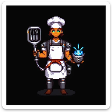 Portrait of a cyborg baker with a mechanical arm holding a whisk, glowing eyes, chrome apron, skeuomorphism style sticker