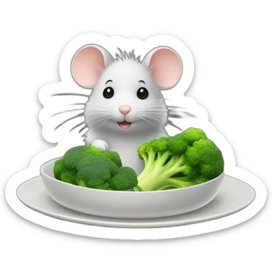 cute fluffy mouse beside an plate with broccoli sticker