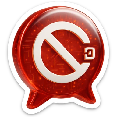 Create a Slack emoji icon in the glossy circuit style as the reference image. Show a bold and high contrast red chat bubble with a diagonal 'no entry' symbol and a tiny external link icon, representing a conversation blocked on external party. The design should be simple, clear, and easily recognizable at small size. sticker