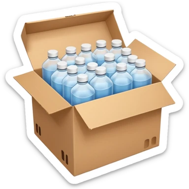 white transparent plastic bottles popping out of a delivery cardboard box sticker
