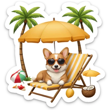 a corgi dog laied on a beach chair, a sunny beach, a sun umbrella, and beach coconut trees. the icon should capture the essence of a relaxing beach vacation with a carefree atmosphere sticker