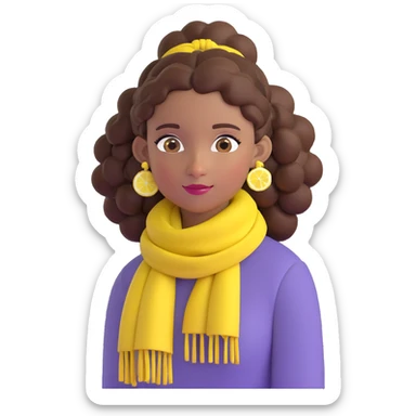 brown-skinned girl emoji, bohemian style, long curly brown hair up, lemon yellow scarf, round earrings sticker