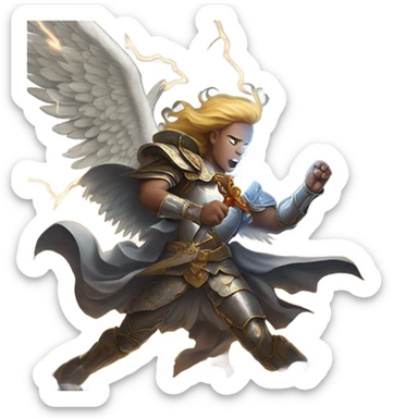 angels and demons in a lively fight mid flight with swords and armor and lightning sticker