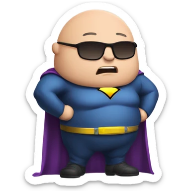 A chubby bald guy with a super hero suit and a logo that reads FatMan sticker