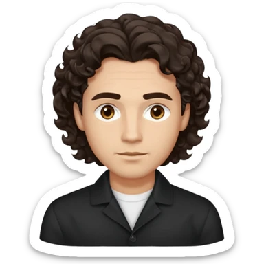 He’s a man with light to medium skin, a defined oval face, full brows, deep-set eyes, and voluminous wavy to curly dark brown hair styled with height. expression calm and focused relaxed black open-collar shirt.polished, articulate, and professional vibe. sticker