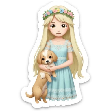 Pastel anime lady long hair with long lace dress full body holding puppy sticker