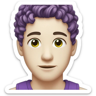 Male with white skin, green eyes, short violet curly hair, nose piercing sticker