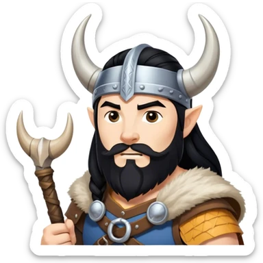 vikingo, con cuerno de vaca, pelo negro, en torre de Asgard. sticker