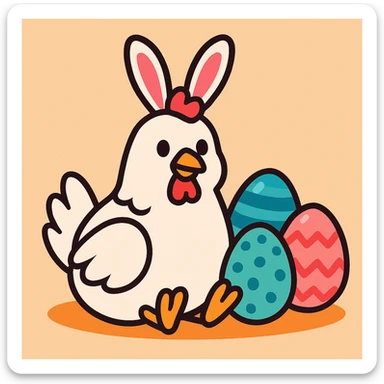 a white chicken with pink bunny ears, sitting next to colourful Easter eggs, cute illustration style sticker