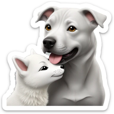 Grey Staffy dog kissing an arctic fox sticker