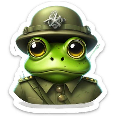 A radioactive humanoid frog in a military uniform with a petrified look on his face holding a large wire shooting sparks sticker