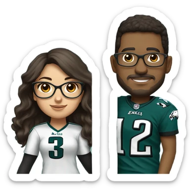 Dark brown hair female with glasses and male with light skin and light brown hair who are both eagles fan climbing up a pole sticker