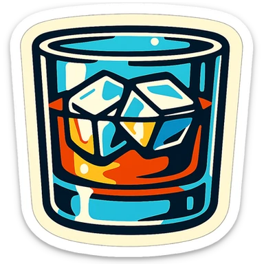 whiskey glass with two large ice cubes, retro stickers style, sharp black outlines, expressive shadows and highlights, no gradients, only sharp color transitions, side view sticker