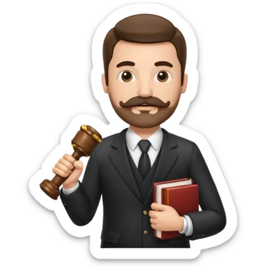 Create a male lawyer. he is wearing a fromal suit jckeret. He is holding a gavel in one hand and a book tucked under his another arm. He has a mustache and BEARD both! sticker