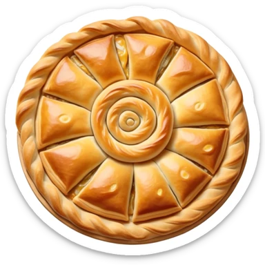cinematic-realistic-burek-sa-sirom-dish-emoji,-showcasing-a-flaky-pastry-filled-with-cheese-rendered-with-crisp-textures-and-appetizing,-warm-lighting. round spiral\ sticker