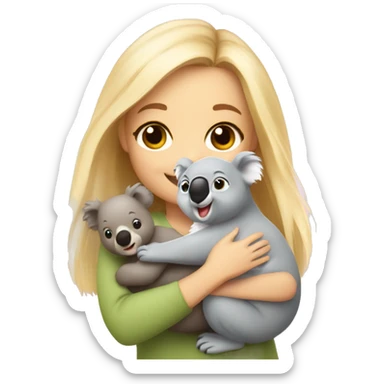 Cute happy smiling blonde girl warm holding cute koala sticker