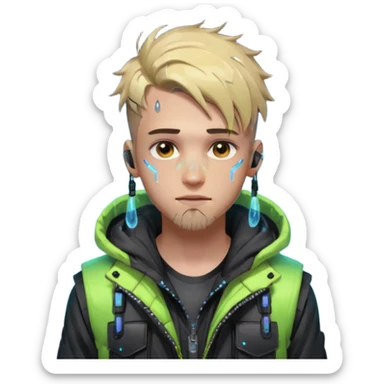 Cyberpunk street young adult, male, messy undercut, puffer vest over hoodie, glowing earpiece, light stubble, brown eyes, neon reflections, raindrops, dark background. sticker
