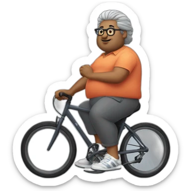 Fat indian man with grey hair wearing glasses, adidas shirt riding bicycle sticker